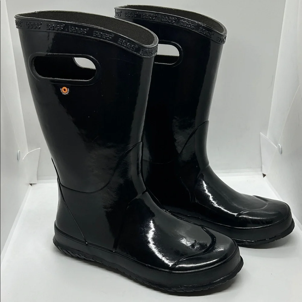 Youth Glossy Black Bogs  Waterproof Rubber Rain Boots Size 4